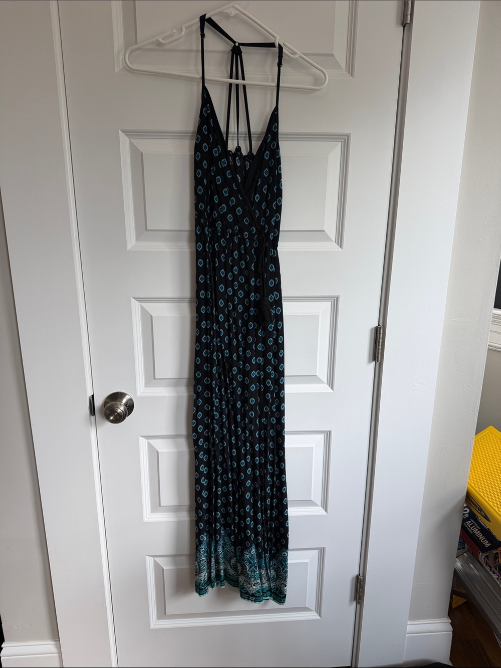 Black & Teal Printed Maxi Dress with Strappy Back